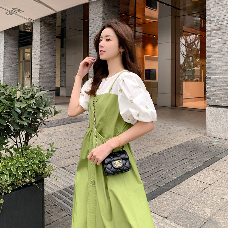 孕妇装哺乳连衣裙2024新款夏天小清新泡泡短袖假俩件孕期裙子夏季