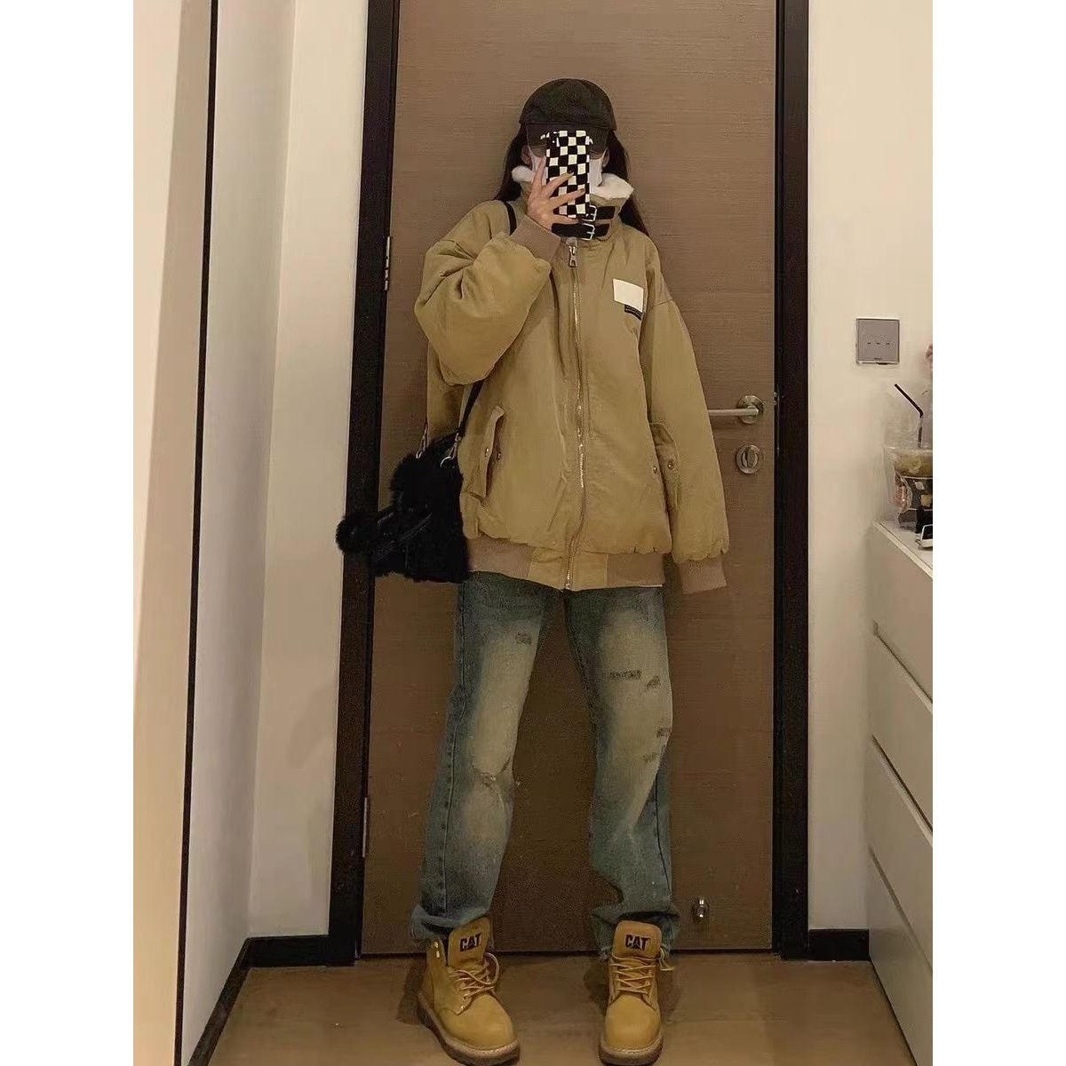 美式复古翻领工装夹克棉服女2025冬季新款小个子宽松加厚风衣外套