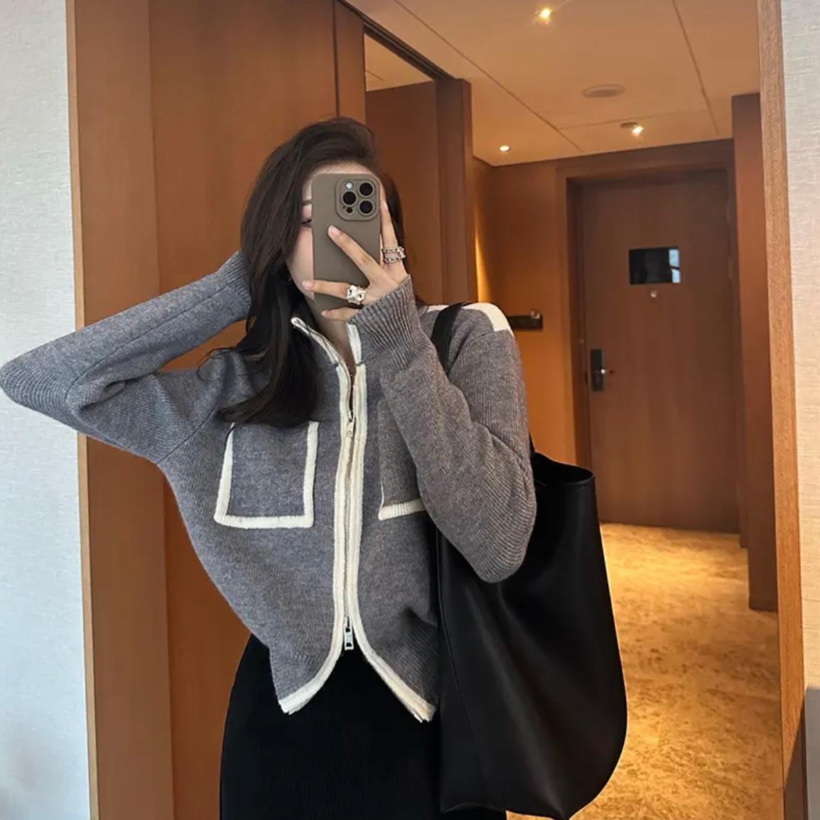双头拉链针织开衫女2025年秋冬新款新品设计感小众外穿毛衣外套