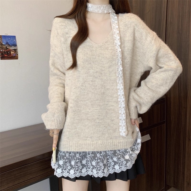 秋冬季新款韩版宽松慵懒风软糯毛衣女设计感飘带蕾丝拼接针织上衣