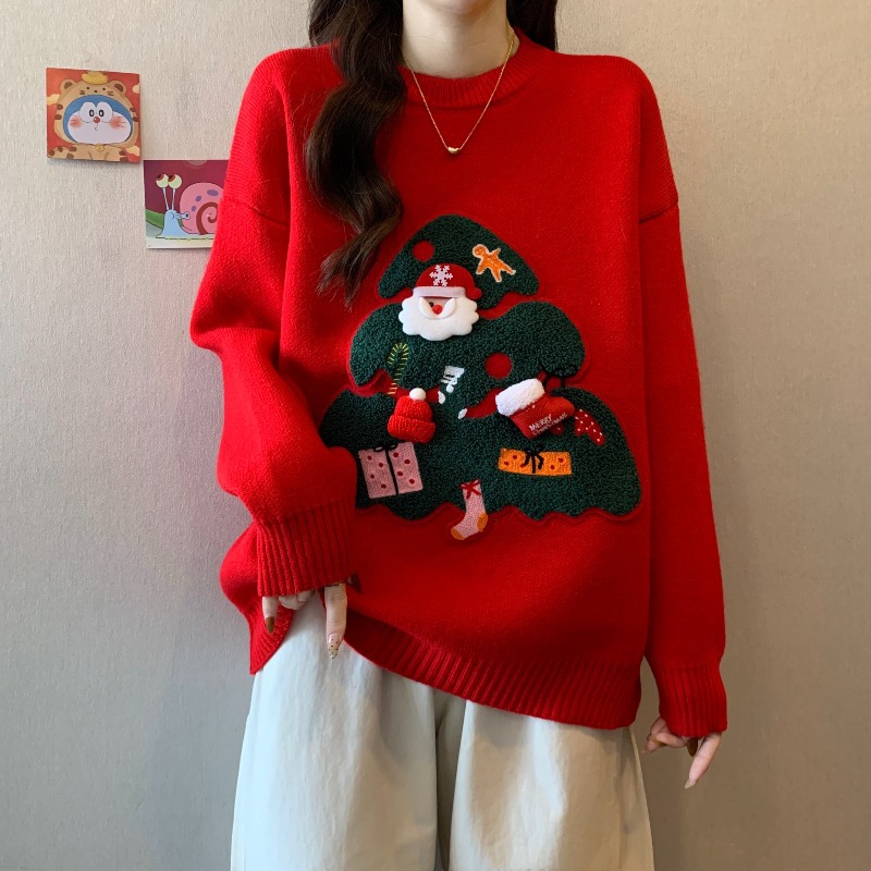 圆领圣诞毛衣女2025新款冬季设计感小众奶fufu慵懒重工内搭针织衫