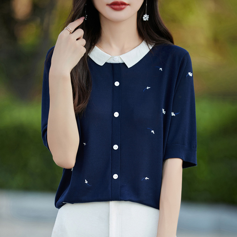 重工刺绣撞色POLO领针织开衫女短袖t恤设计小众法式气质翻领上衣