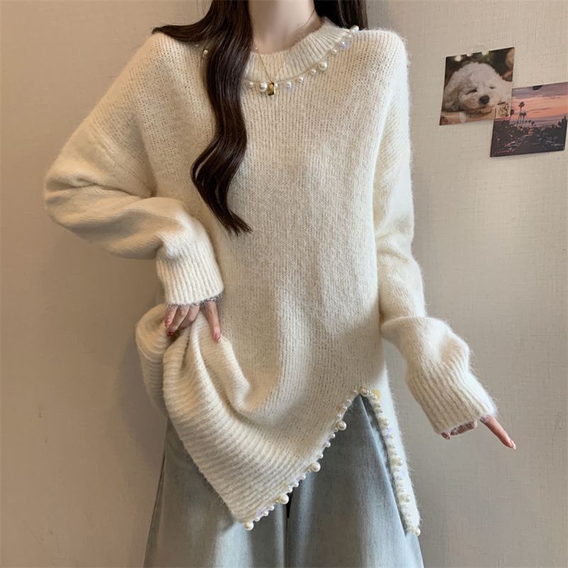 新品宽松慵懒风长袖开叉针织衫上衣女秋冬新款设计感珍珠毛衣