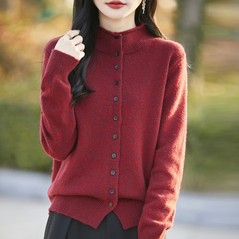 秋冬新款加厚亲肤绒针织开衫女士立领卷边毛衣时尚洋气花纱外套