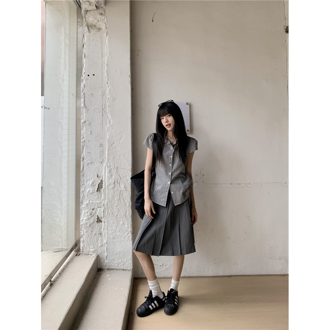 2025夏季新款复古格子polo领短袖衬衫高腰显瘦百褶半身裙女两件套