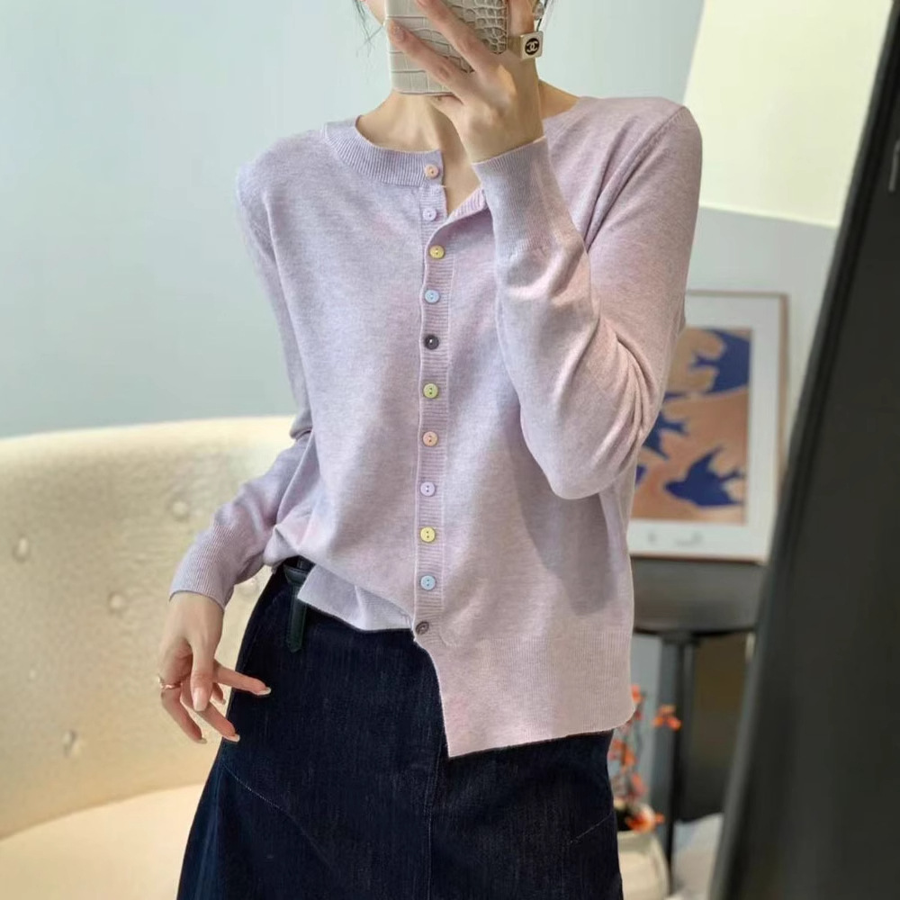 跨境2025秋季新款百搭圆领长袖薄毛衣开衫女精纺宽松洋气针织衫外