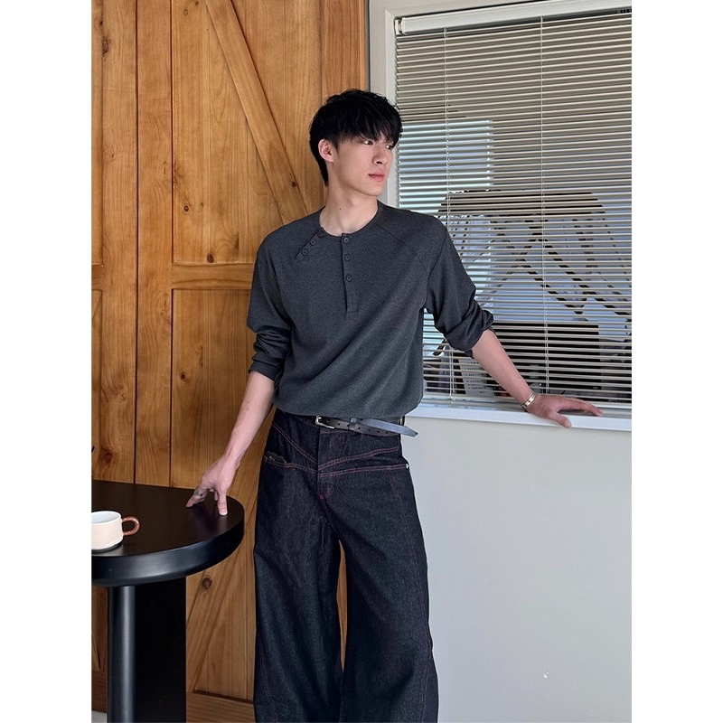 慵懒风穿搭灰色亨利领长袖t恤男款秋季穿搭痞帅高级感Polo衫上衣