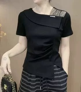 时尚单肩网纱短袖T恤妈妈夏装洋气设计感不规则上衣气质显瘦小衫