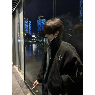 黑色毛领座山雕棉服外套男款冬季十字架加绒加厚保暖情侣夹克棉衣