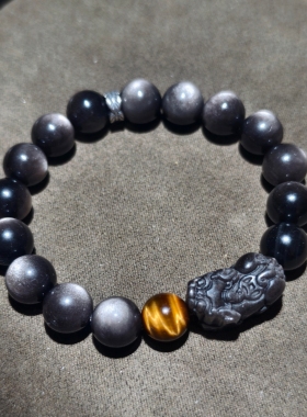 银曜石10mm手链配黄虎眼+银曜石貔貅