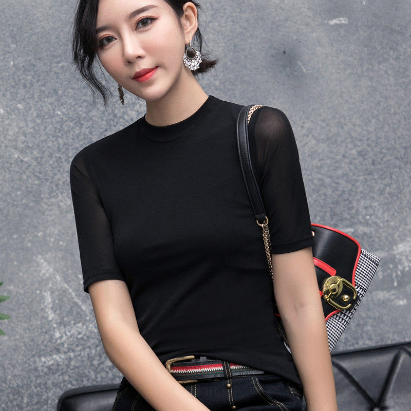 欧货2026秋季新品时尚黑色网纱纯色立领t恤女修身显瘦中袖打底衫