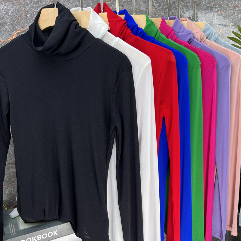 长袖欧美显瘦高领修身网纱女装t