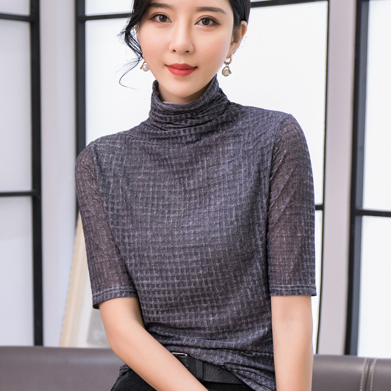 高领五分袖欧货薄显瘦网纱女t恤