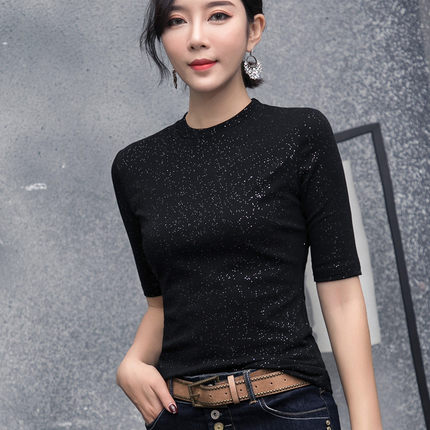 欧洲站2025秋冬新款时尚纯色针织纯棉t恤女修身立领打底中袖上衣