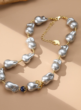 原创复古不规则超大颗琉璃巴洛克珍珠项链高级感大气女颈链毛衣链