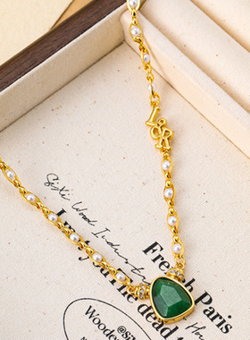 跨境ins风个性复古绿色天然石珍珠链项链高级感小众百搭锁骨颈链
