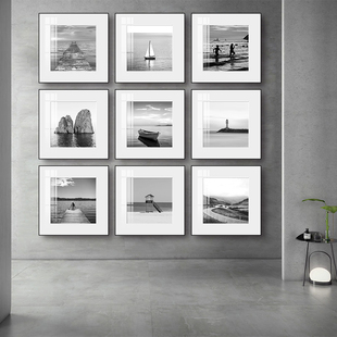 黑白照片摄影装饰画客厅复古组合挂画餐厅饭厅大海海岸艺术壁画