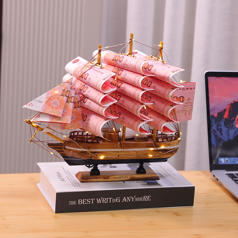 一帆风顺有钱花木质帆船摆件送礼