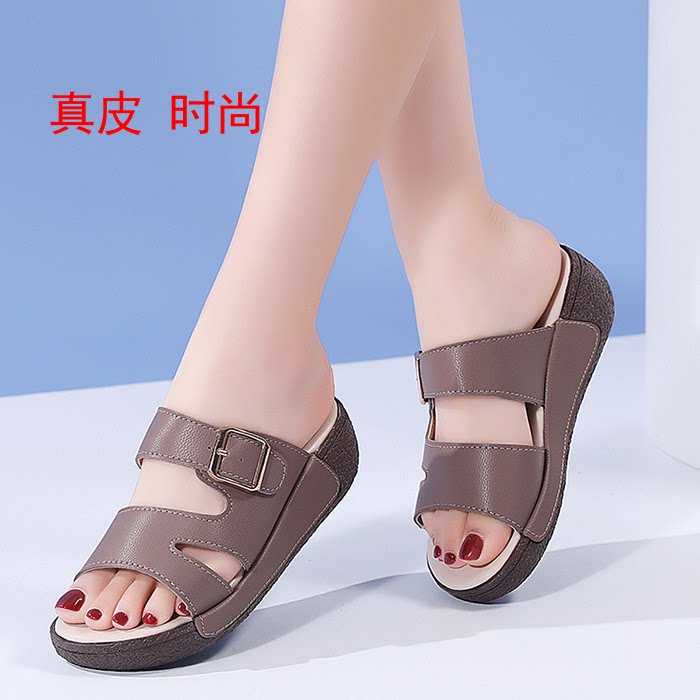 夏季女真皮防滑坡跟厚底凉拖