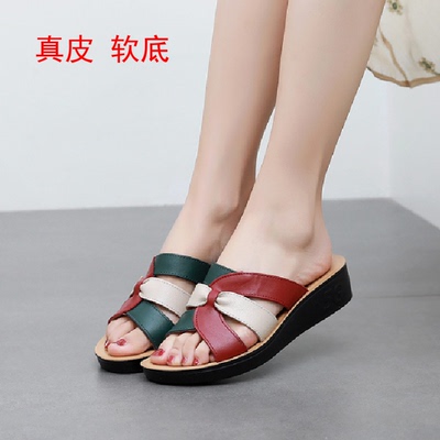 大码坡跟中老年室外牛皮凉拖鞋