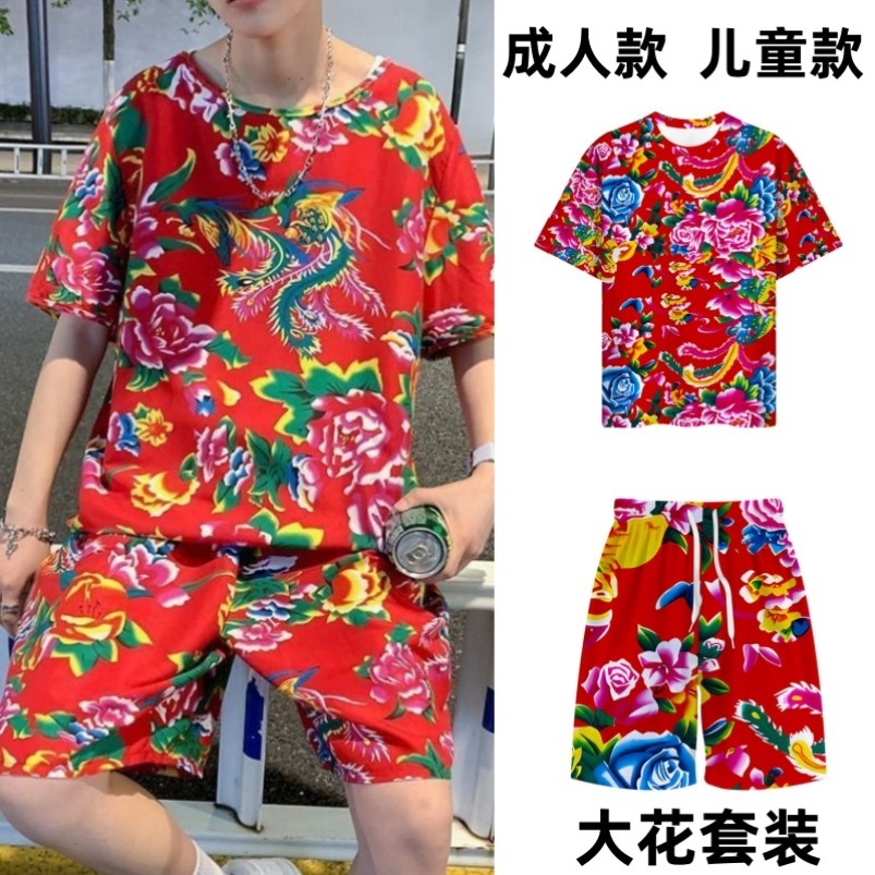 2025爆款网红东北大花布民族风男女夏季短袖短裤套装国潮男女款