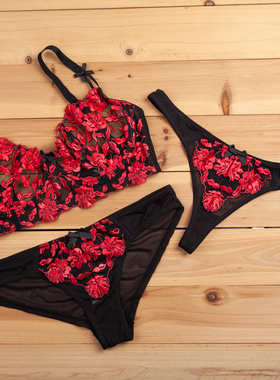 A0129奢华红色立体花超簿半透明性感内衣大罩杯蕾丝文胸65-70BDFG