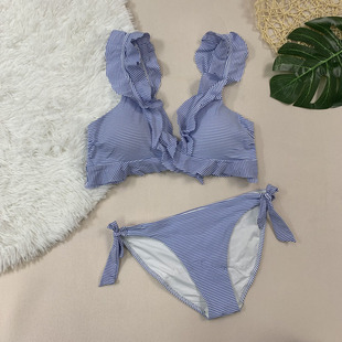 140斤蓝白条纹小清新比基尼YB0028欧美外贸泳衣荷叶边性感泳装