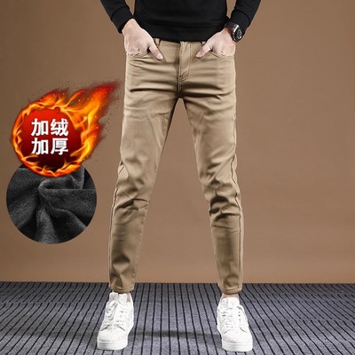 秋冬款加绒加厚拉链九分裤卡其色