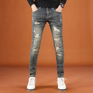 牛仔裤 秋冬款 长裤 子男款 小脚男装 潮牌高街弹力男士 修身 破洞裤 时尚