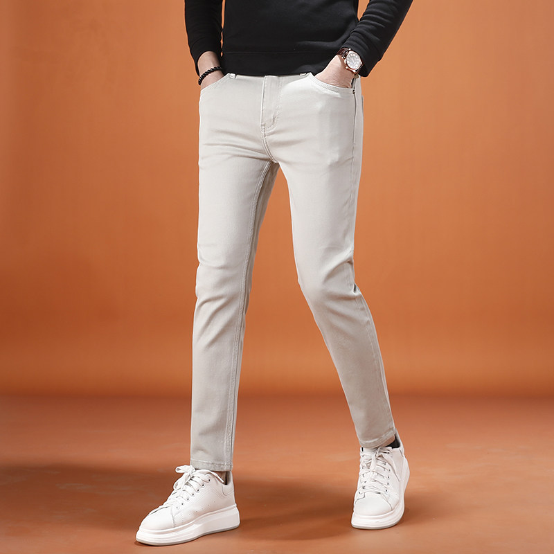 奶杏色九分牛仔裤男款2026新款春季高端商务休闲裤男士9分裤修身