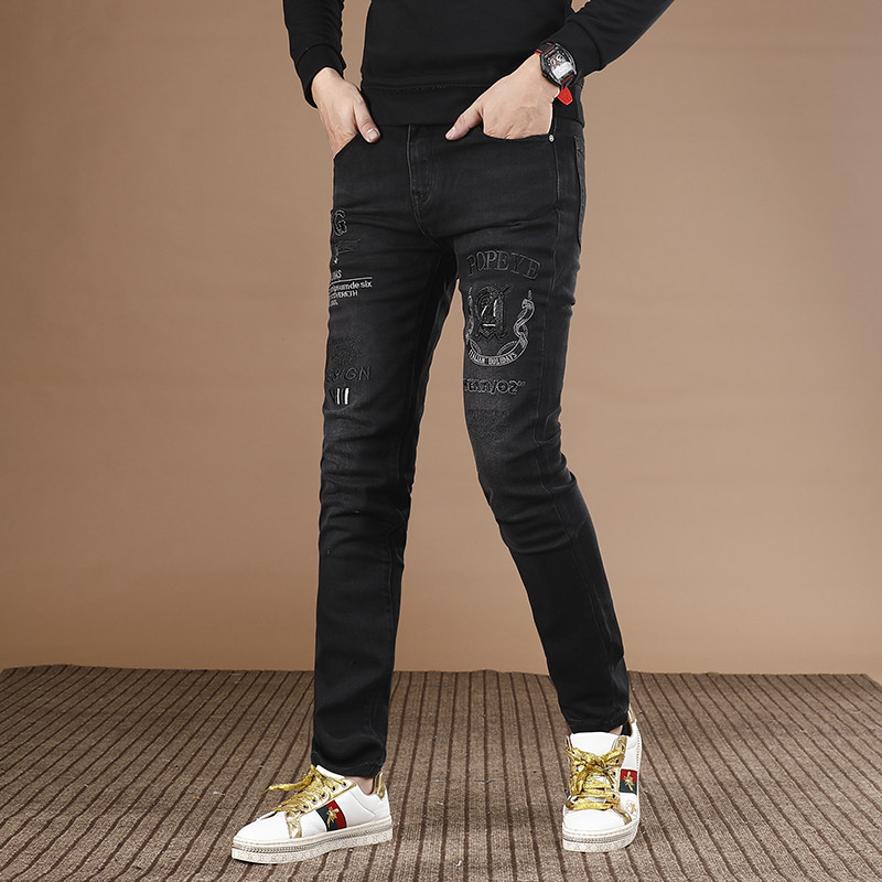刺绣裤子男款休闲裤秋冬款高端潮牌绣花男士牛仔裤弹力修身小脚裤