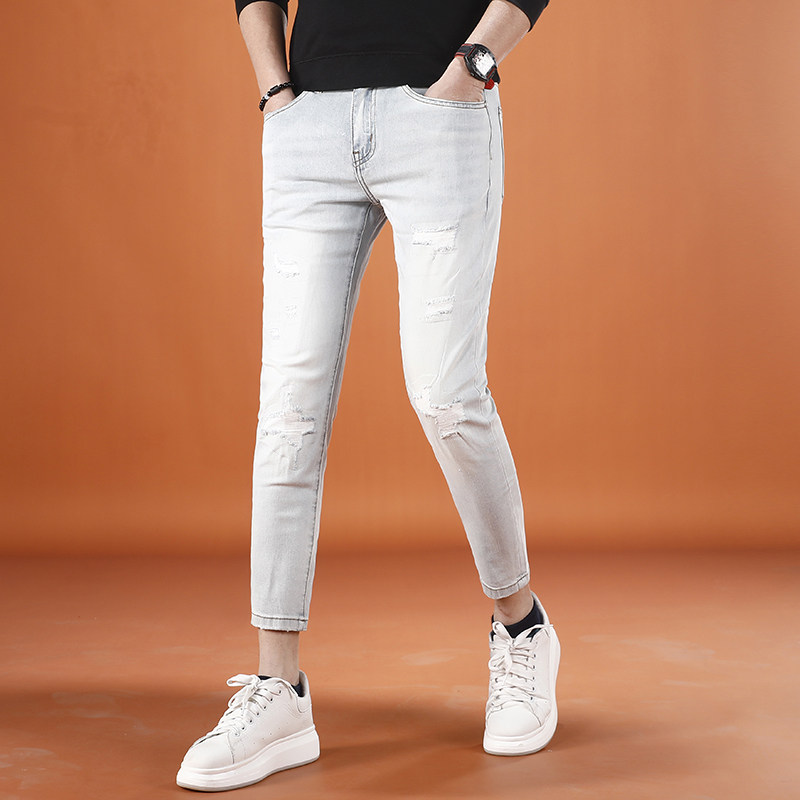 破洞裤子男款2026夏季薄款潮流时尚弹力浅色九分牛仔裤男修身小脚