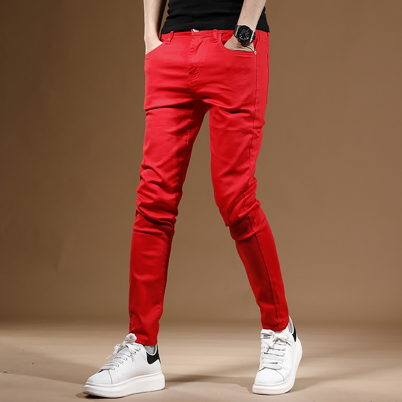 红色裤子男弹力男士牛仔裤秋季