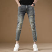 男2025新款 9分裤 秋季 高街破洞九分牛仔裤 潮流弹力修身 小脚裤 男士