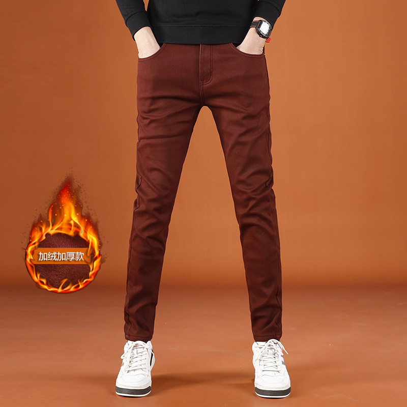 冬季加绒加厚款酒红色牛仔裤男弹力修身小脚裤2025新款男士长裤子