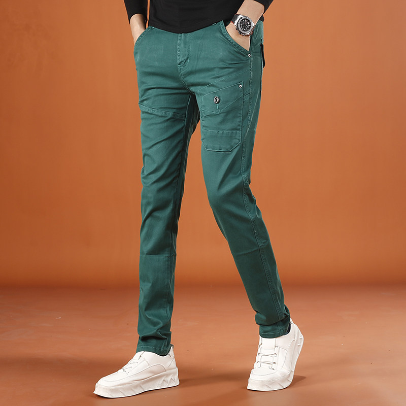 绿色裤子男款休闲裤潮牌时尚个性修身小脚弹力男士牛仔裤秋冬新款