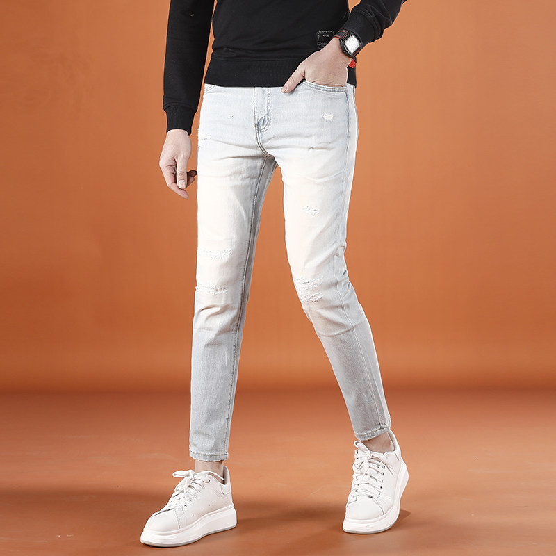 高端潮牌破洞九分牛仔裤男2026春夏新款潮男时尚修身小脚9分裤子