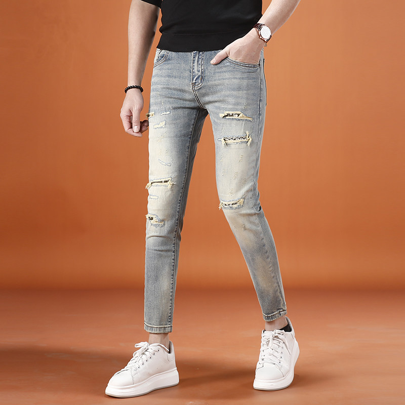 高街潮牌破洞九分牛仔裤男修身小脚2026新款春夏薄款乞丐裤9分裤