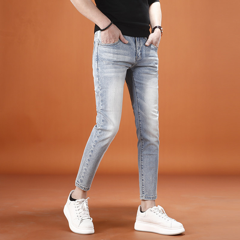 浅蓝色九分牛仔裤男款修身小脚2026新款春夏薄款潮流百搭9分裤子