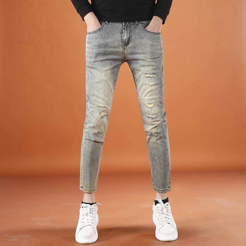 夏季薄款破洞九分牛牛仔裤男2026新款百搭修身小脚弹力男士9分裤
