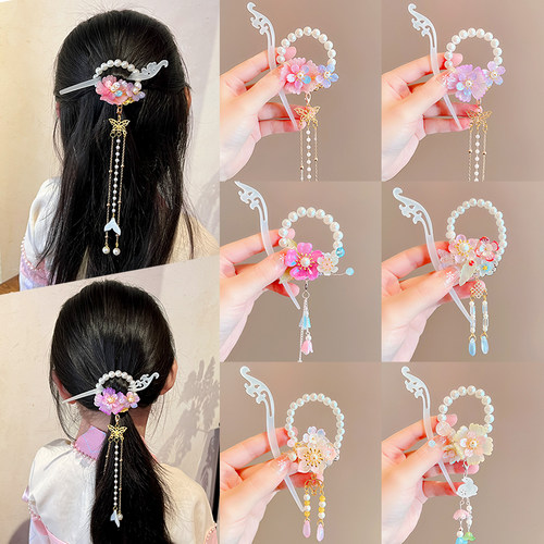 女童粉色桃花发簪套装