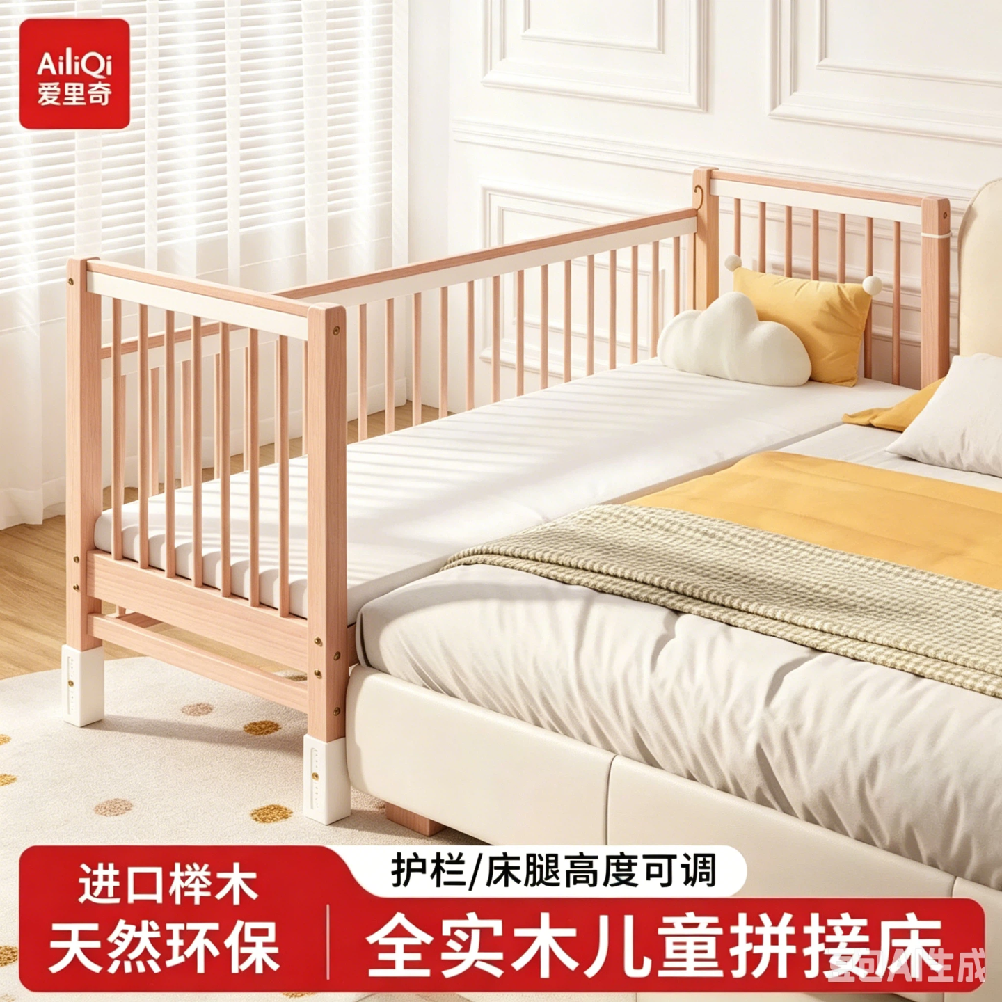 实木儿童床床边加宽床可升降围栏
