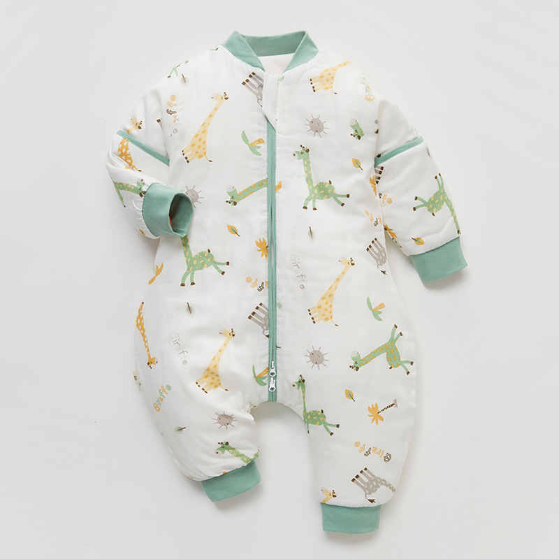 儿童睡袋秋冬防踢被宝宝连体衣纱布睡袋冬季夹棉200g加厚分腿