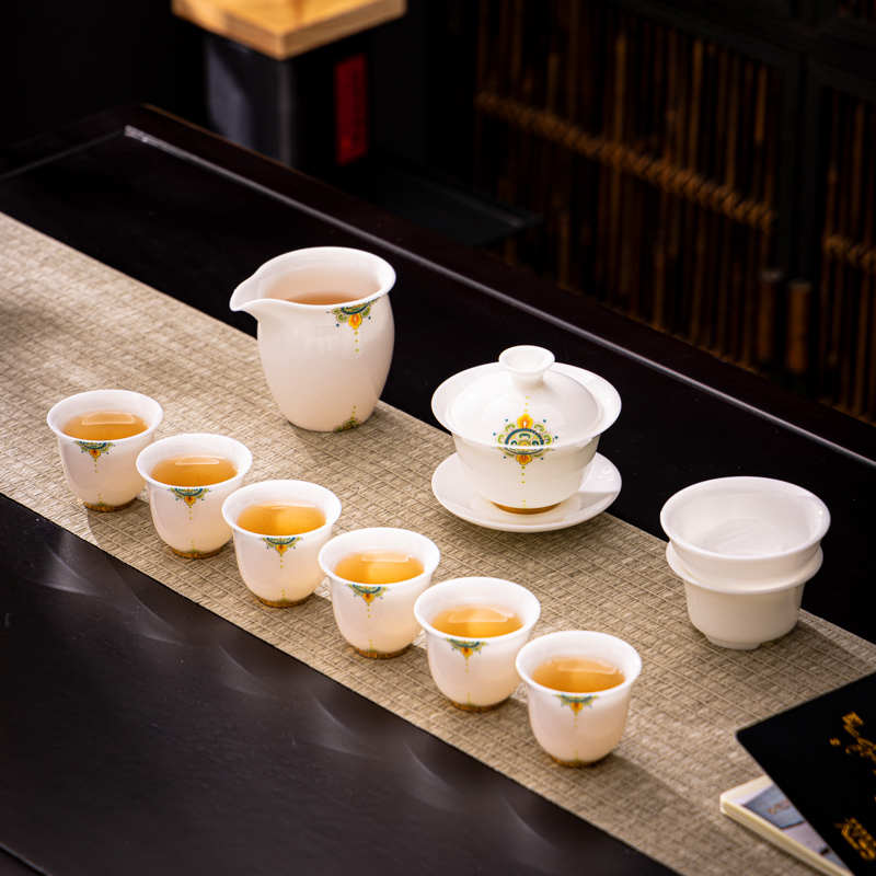 亮面冰种玉瓷喜从天降盖碗整套家用功夫茶具套装李辉熠白瓷礼盒装