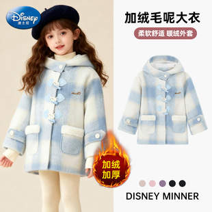 迪士尼甜美格纹夹棉毛呢大衣冬女童时尚连帽外套加厚保暖圣诞服