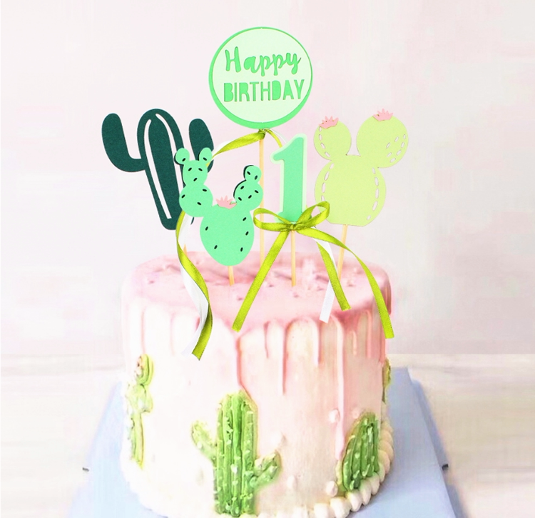 森系绿叶小草生日蛋糕装饰甜品台烘焙装扮插件插牌仙人掌生日快乐