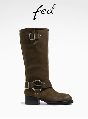 fed骑士靴秋季新款女靴磨砂长筒靴西部牛仔厚底靴女R0828-YAB038