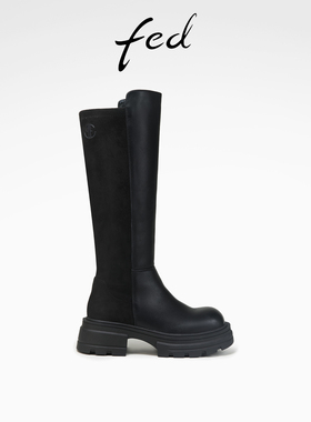 fed厚底长筒靴冬季新款女靴黑色骑士靴拼接时装靴女款D1004-ZC860
