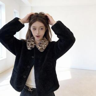 '古早小豹猫'豹纹翻领撞色环保羊羔毛保暖外套