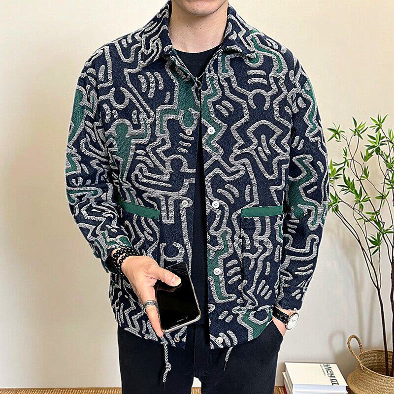 2026春款男士微宽松大花人型牛仔夹克外套